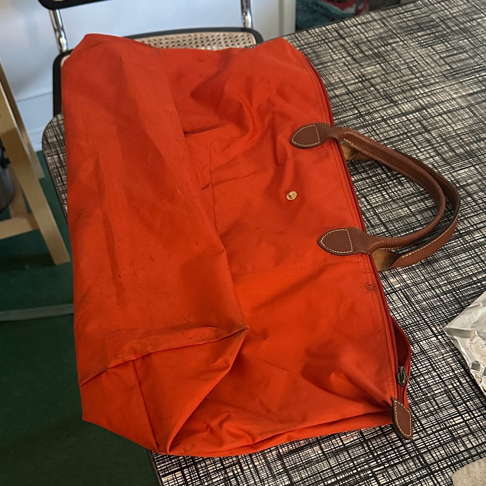 Large pliage Longchamp Orange Tote Bag with Brown Handles